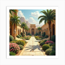 A Serene Temple Garden With Colorful Flowers And Statues Of Egyptian Deities Art Print