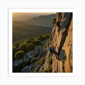 Two Rock Climbers On A Cliff Art Print