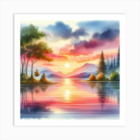 Sunset Landscape Watercolor Painting Póster