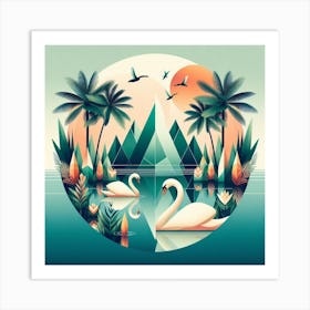 Geometric Art Tropical lake and swans 2 Art Print