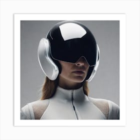 Create A Cinematic Apple Commercial Showcasing The Futuristic And Technologically Advanced World Of The Woman In The Hightech Helmet, Highlighting The Cuttingedge Innovations And Sleek Design Of The Helmet And It Art Print