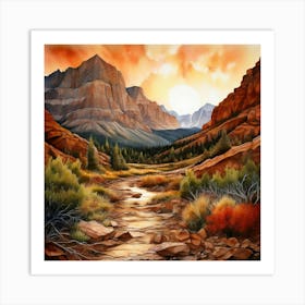 Watercolor Landscape Rocky Mountains Earthy Tones Art Print