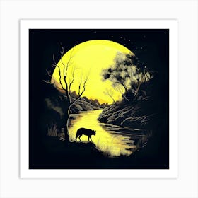 Moon River Wolf Night Forest Trees Symbolism Landscape Art Print