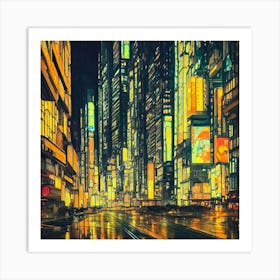 City Night Reflections Urban Highrise Cityscape Travel Vacation Neon Lights Metropolis Road Rainy Rain Buildings Architecture Apartments Downtown Abstract Modern Contemporary Geometric Futuristic Vibrant Art Print