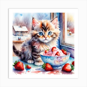 Kitten With Strawberries Art Print