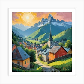 Swiss Village At Sunset With Mountain And Lake Art Print