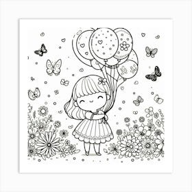 Line Art happy girl 2 Art Print