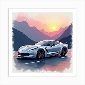 Chevrolet Corvette C7 Z06 With A Radiant Watercolor Mountain View 1 Art Print