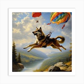 Dog Flying Parachute 1 Art Print