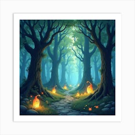 Ancient Enchanted Forest With Glowing Creatures, Watercolor 1 Art Print