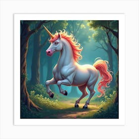 A Mythical Unicorn With A Mane Of Shimmering, Rainbow Colored Waves Galloping Through An Enchanted Forest 1 Art Print