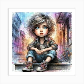 Little Boy Sitting On Steps 2 Art Print