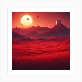 A Beautiful Sunset With A Big Red Mars Setting On The Horizon, The Sun Shines Through The Tops Of Ri Art Print