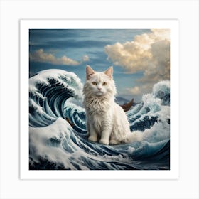 White Cat On A The Great Wave Off Kanagawa Inspired Art Print Cat Art Print