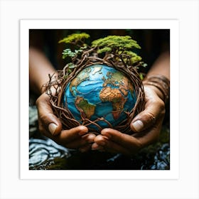 A Hand Of Earthy Brown Weaves Cradling A Detailed Miniature Globe Veins And Tendons Popping Against Art Print