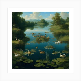 Masterpiece In Oil Painting Of A Lake With Ducks Art Print