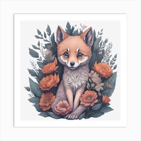 Cute Floral Wolf (1) Art Print