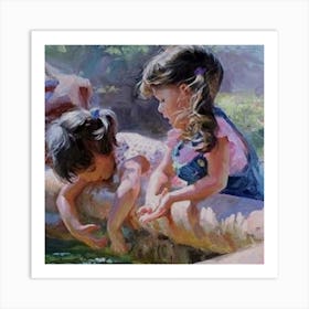 Two Girls Playing In The Water Art Print