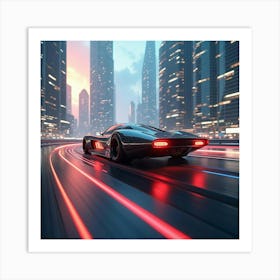 Sleek Flying Car With Glowing Trails, Cruising Through A Futuristic Urban Landscape 1 Art Print