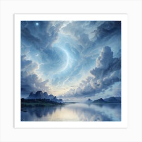 Moon And Clouds Over A Lake Art Print