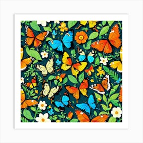 Colorful Butterflies Seamless Pattern, A Butterfly Garden With Various Species art print Art Print