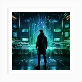 Futuristic Cyber Security Interface Displaying Cascading High Speed Network Motion Neon Circuitry P (3) Art Print