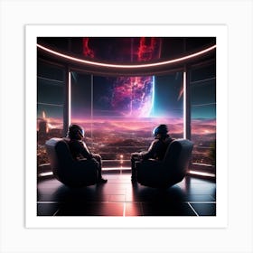 The Image Depicts A Futuristic Space Scene With A Man Sitting On A Couch In Front Of A Large Window That Offers A Breathtaking View Of The Galaxy 4 Art Print