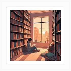 Girl Reading Book In Library Alone Art Print (2) Art Print