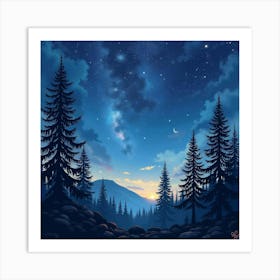 Celestial Watercolor Night Sky Over Ancient Woods 1 Art Print