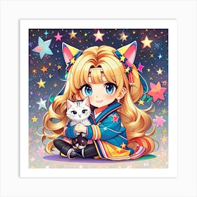 Kawaii Girl With Cat Art Print