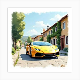 Watercolor Lamborghini Huracán Driving Through A Quaint Village 1 Art Print