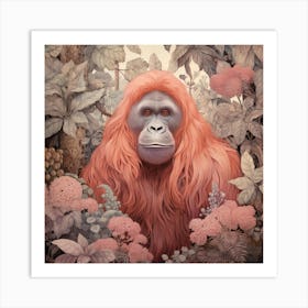 Orangutan 2 Pink Jungle Animal Portrait Art Print