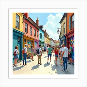 A Watercolor Of Locals Enjoying A Vibrant English Street Art Festival, With Colorful Murals 1 Art Print