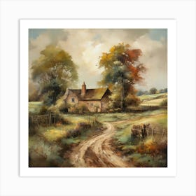 The old British countryside, a work of wall art dating back to 1960, with all its details and colours. The farm is an old oil painting in faded oil colours.2 1 Art Print