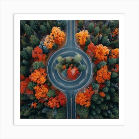 Aerial View Of A Circular Road In Autumn Art Print