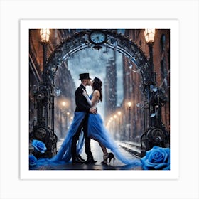 Couple Kissing Under A Clock Art Print