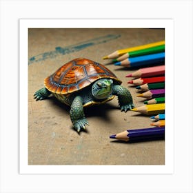 Turtle With Colored Pencils Art Print