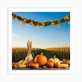 Autumnal Harvest Scene Capturing A Gourd Squash And Pumpkin Amongst A Field Of Corn Under A Cornfl (4) Art Print