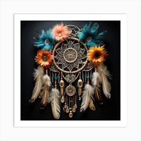 Art Piece With A Blend Of Feathers Dreamcatchers And Natural Elements In A Harmonious Art Print