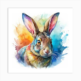 Watercolor Painting Of A Rabbit With Colorful Splashes Art Print