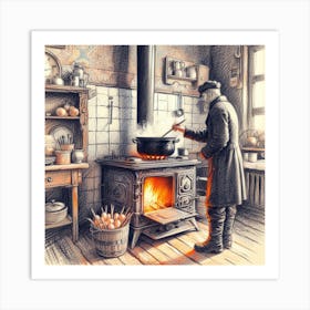 Old Man Cooking In The Kitchen Art Print