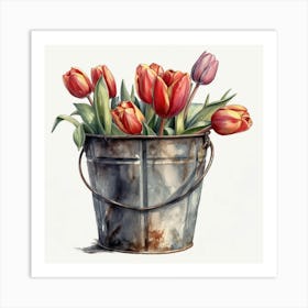 Tulips In A Metal Bucket Art Print