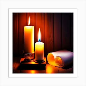 Candles on a table with a book in the background, Candlelit Candles On a Wooden Table Art Print
