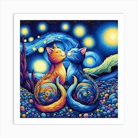 Starry Night Cats In Love Art Print