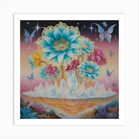 A Surreal Scene Featuring Giant Flowers Sprouting From Floating Islands With An Interesting Blend Of Coral Reefs, Butterflies, And Stars 1 Art Print