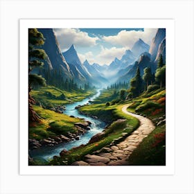 Path Through The Mountains, A Winding Path Through Various Landscapes Mountains Forests Rivers Indicating The Thrill 3 Art Print