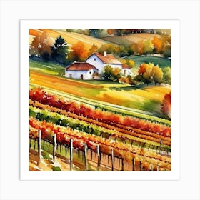 Vineyard Landscape Watercolor Painting 2 Art Print