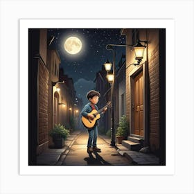 Young Boy With Gitaar In Moon Light Art Print (2) Art Print