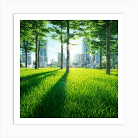 Bright Green Grass Under A Radiant Sun Swathed In Tokyo City Stands Out Against The Contrasting Sh (3) Art Print