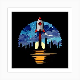 Rocket Ship In The Sky Cartoon Star Sun City Art Print